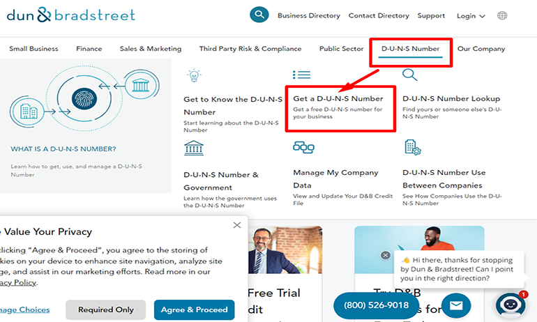 Screenshot of the Dun and Bradstreet website detailing how to apply for a free DUNS number.